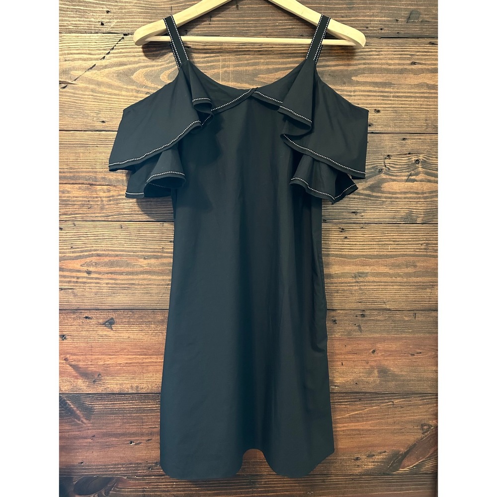 Gibson Latimer Cold Shoulder Dress Womens S Black Ruffle LBD 100% Cotton Preppy